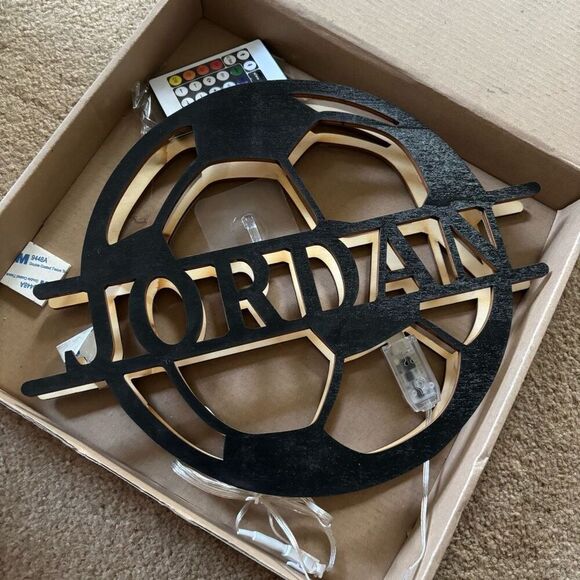 Soccer Ball Wooden Customizes “Jordan” Light Up Wall Hanging With Remote - Picture 1 of 5